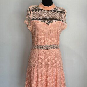 Junior XL Peach Lace Fit & Flare Dress With Sheer Panels & Keyhole Back